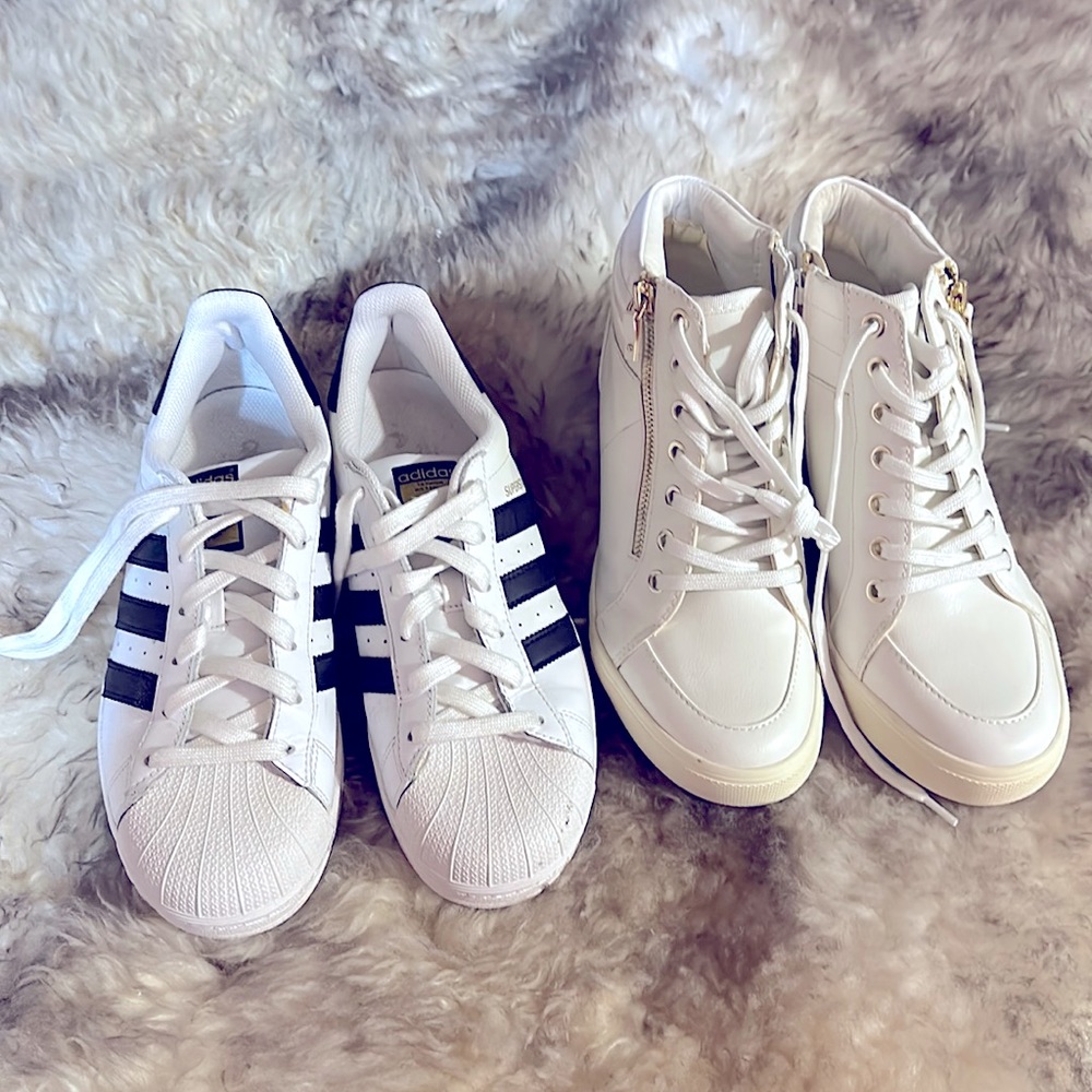 ADIDAS Superstar Sneakers Shoes and Aldo Sneakers White Wedges 2 Pairs
